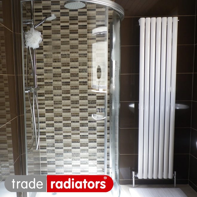 A white vertical bathroom radiator