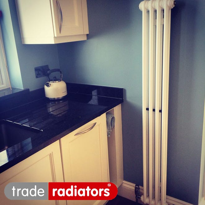 A vertical column radiator in a kitchen