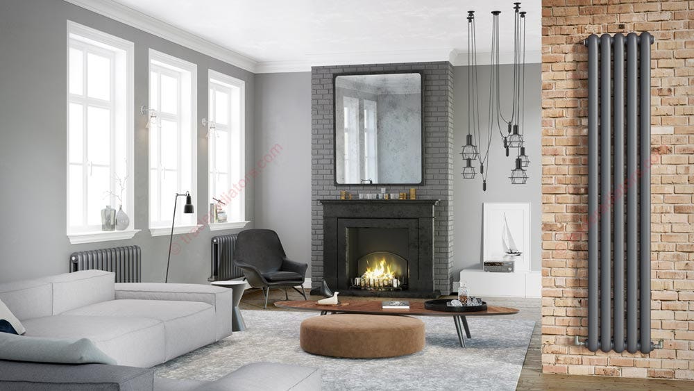 Contour Anthracite Radiator on a brick wall in a living room with an open fire.