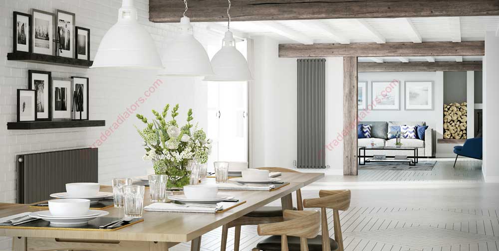 Saturn Anthracite Column Radiators in an open plan kitchen