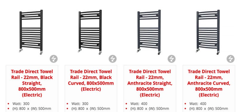 A slection of our stylish Trade Direct electric heated towel rails