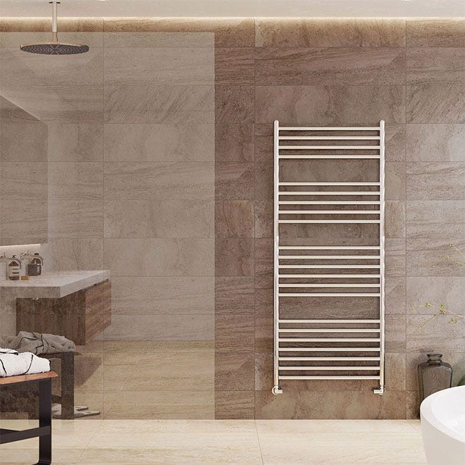 An electric heated towel rail in a bathroom.