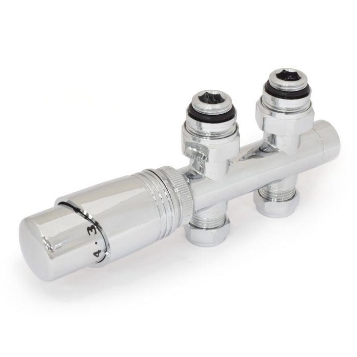 A silver and chrome thermostatic straight valve