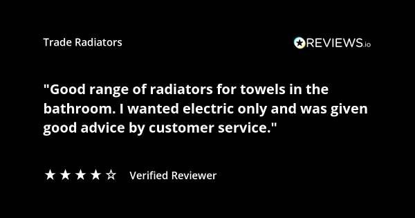 Trade Radiators customer radiator review. "Good range of radiators for towels in the bathroom. I wanted electric only and was given good advice by customer service." Rated 5 stars.