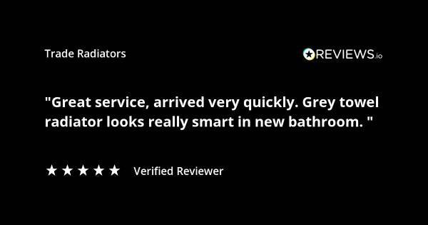 Trade Radiators customer radiator review. "Great service, arrived very quickly,. Grey towel radiator looks really smart in new bathroom." Rated 5 stars.
