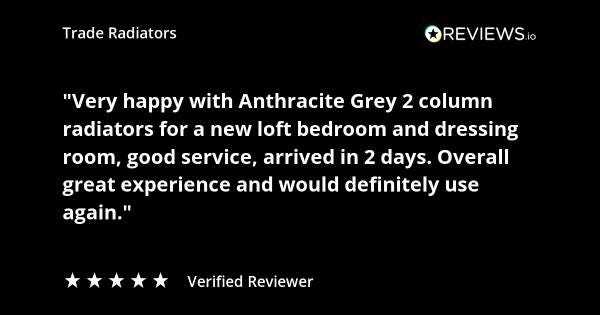 Trade Radiators customer radiator review. "Very happy with anthracite grey column radiators for a new loft bedroom and dressing room. Good service, arrived in 2 days. Overall great experience and would definitely use again." Rated 5 stars.