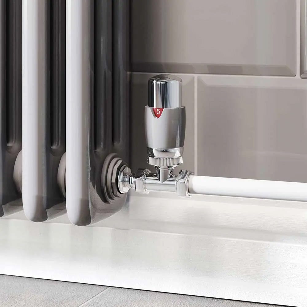 A silver and chrome thermostatic straight valve