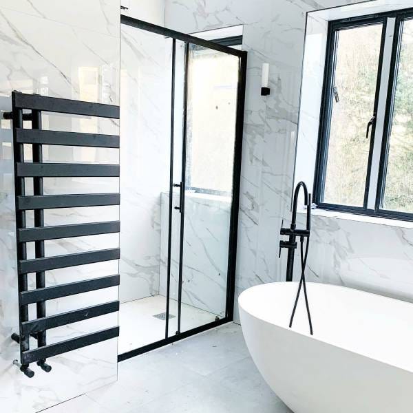 A Trade Direct Saturn Offset towel radiator finished in black